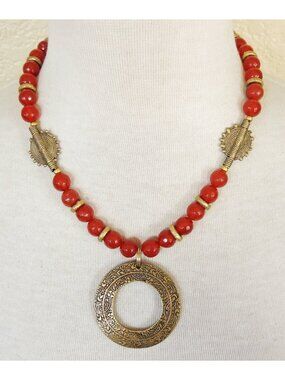 Southwestern Burnt Orange & Gold Carnelian Statement Pendant Necklace